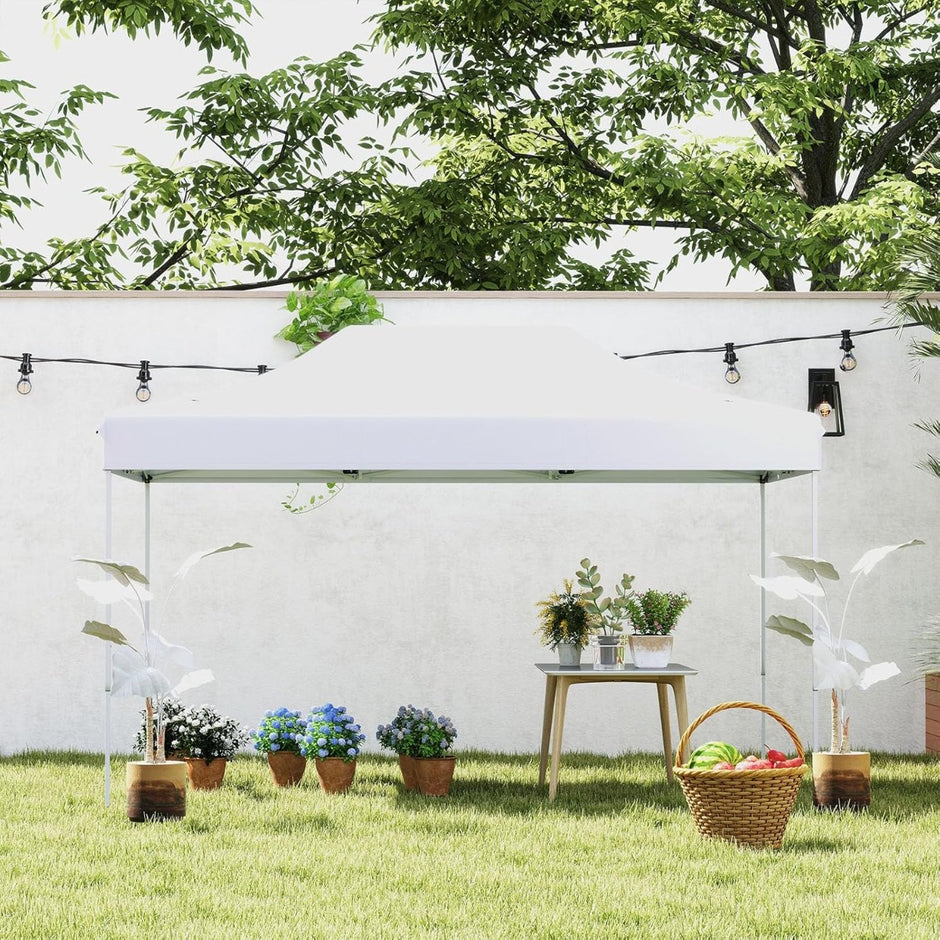 Faltpaviljong – med rullväska och rep Höjdjusterbar Pop Up Trädgårdspaviljong – 4 3 x 4,5 m – Vit