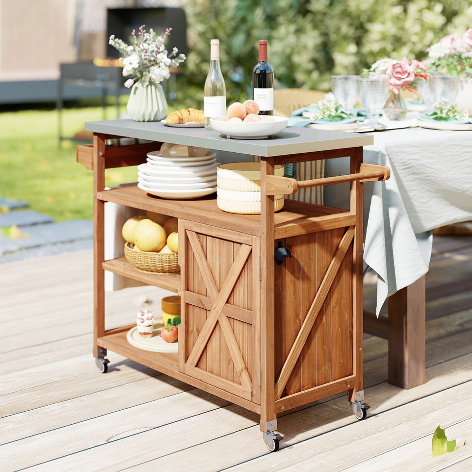 Trä – Grillvagn med Förvaringsutrymme Utomhus Köksö Rostfritt Stål Arbetsyta öppen Hyllfack – 3 – Natur