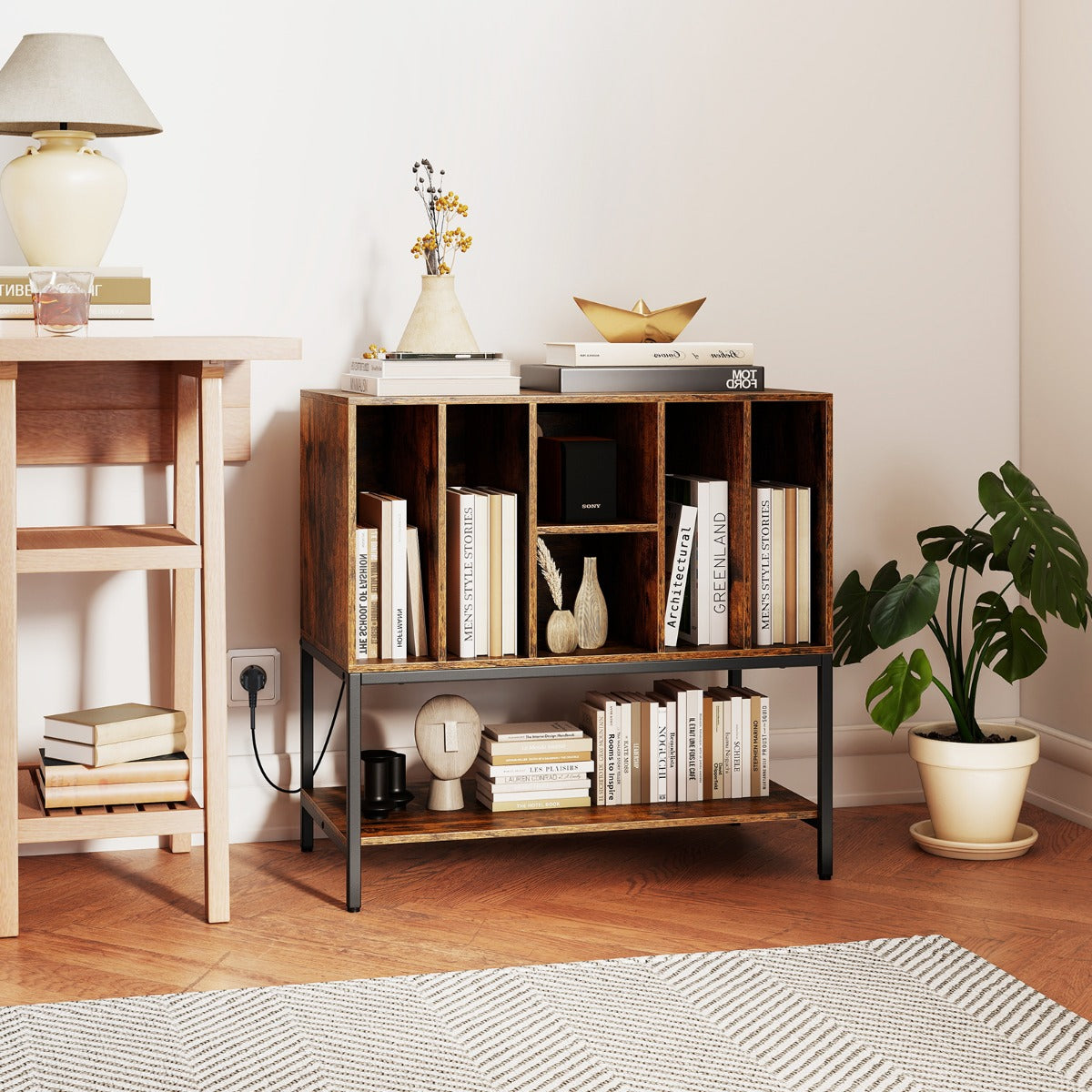 Skivspelareställ – med laddstation och vinylförvaring Sidoskåp Vinyldisplay Hylla – Kaffe