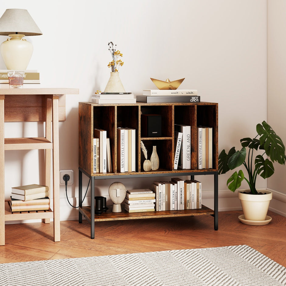 Skivspelareställ – med laddstation och vinylförvaring Sidoskåp Vinyldisplay Hylla – Kaffe