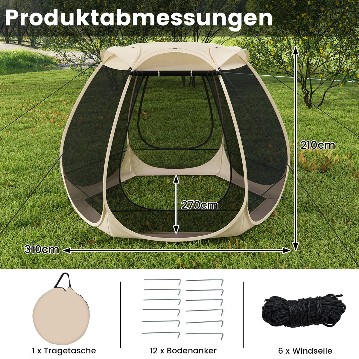 Pop – up mesh paviljong för personer hopfällbart utomhuscampingtält med runt om – 4-6 310 x 270 cm – Svart