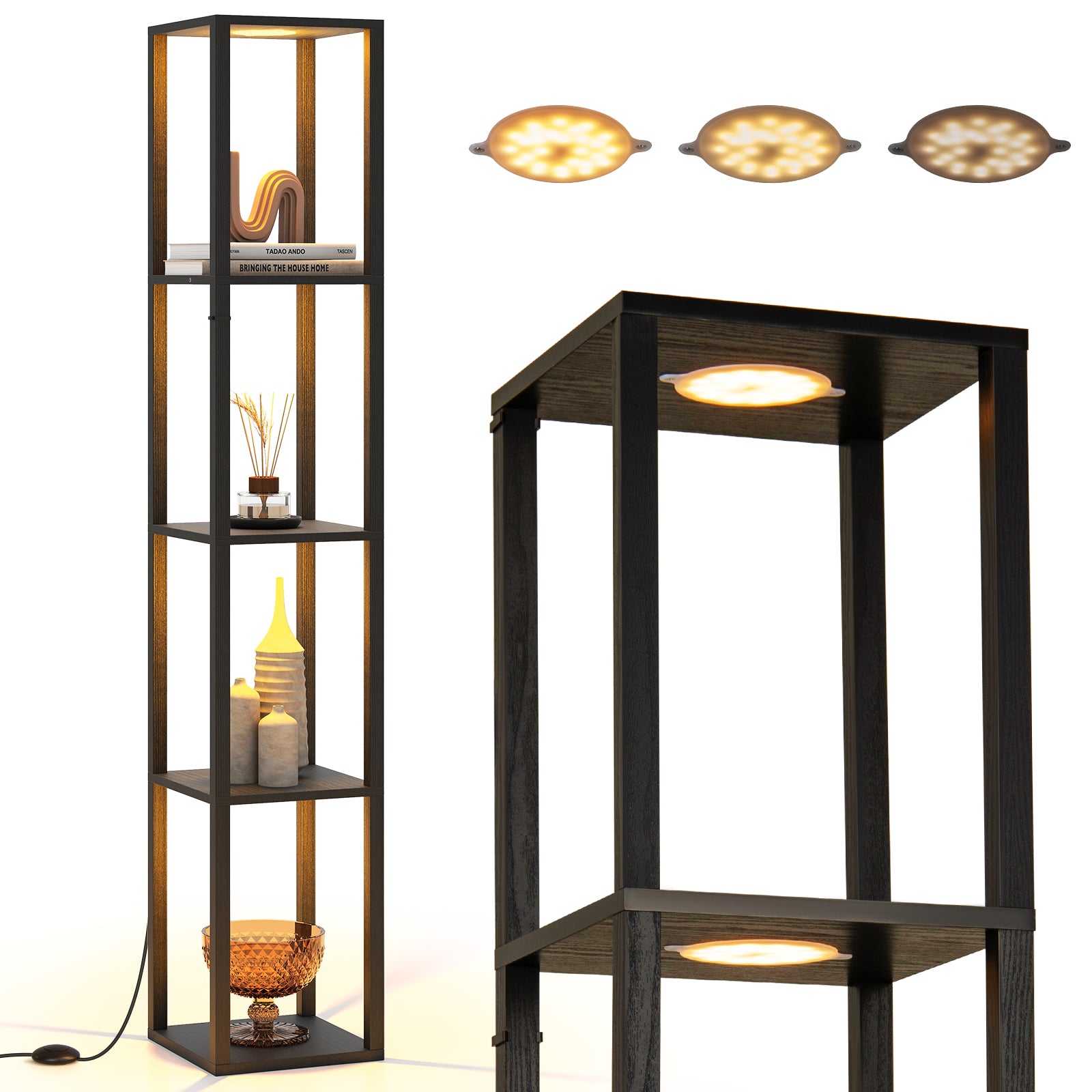 Golvlampa – med hyllor och dimbara LED lampor fotströmbrytare hörnhylla – 162 cm – Svart