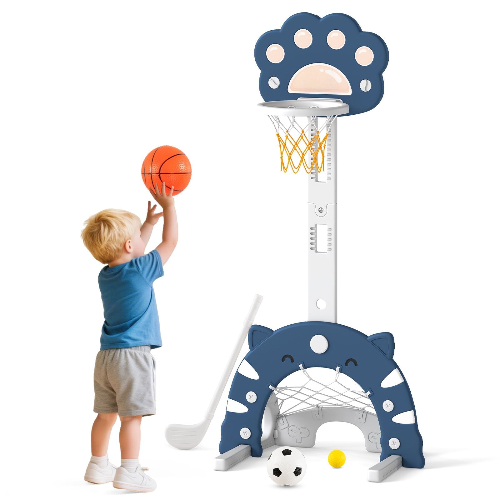 i – Barn Basketballkorg med Basketboll och Fotboll Golfspel Basketställning – 3 1 – Blå