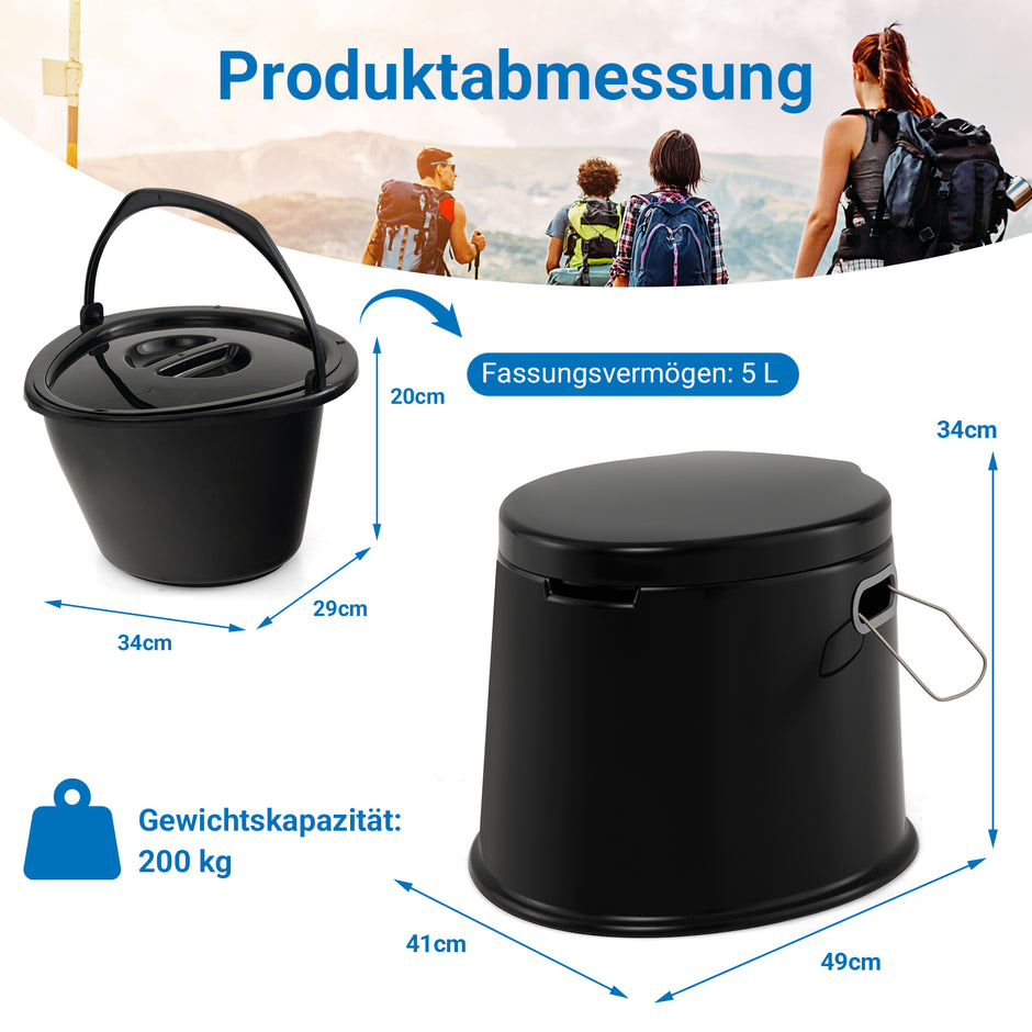 Bärbar – campingtoalett med avtagbar hinkinsats rese upp till belastning – 200 kg – Svart