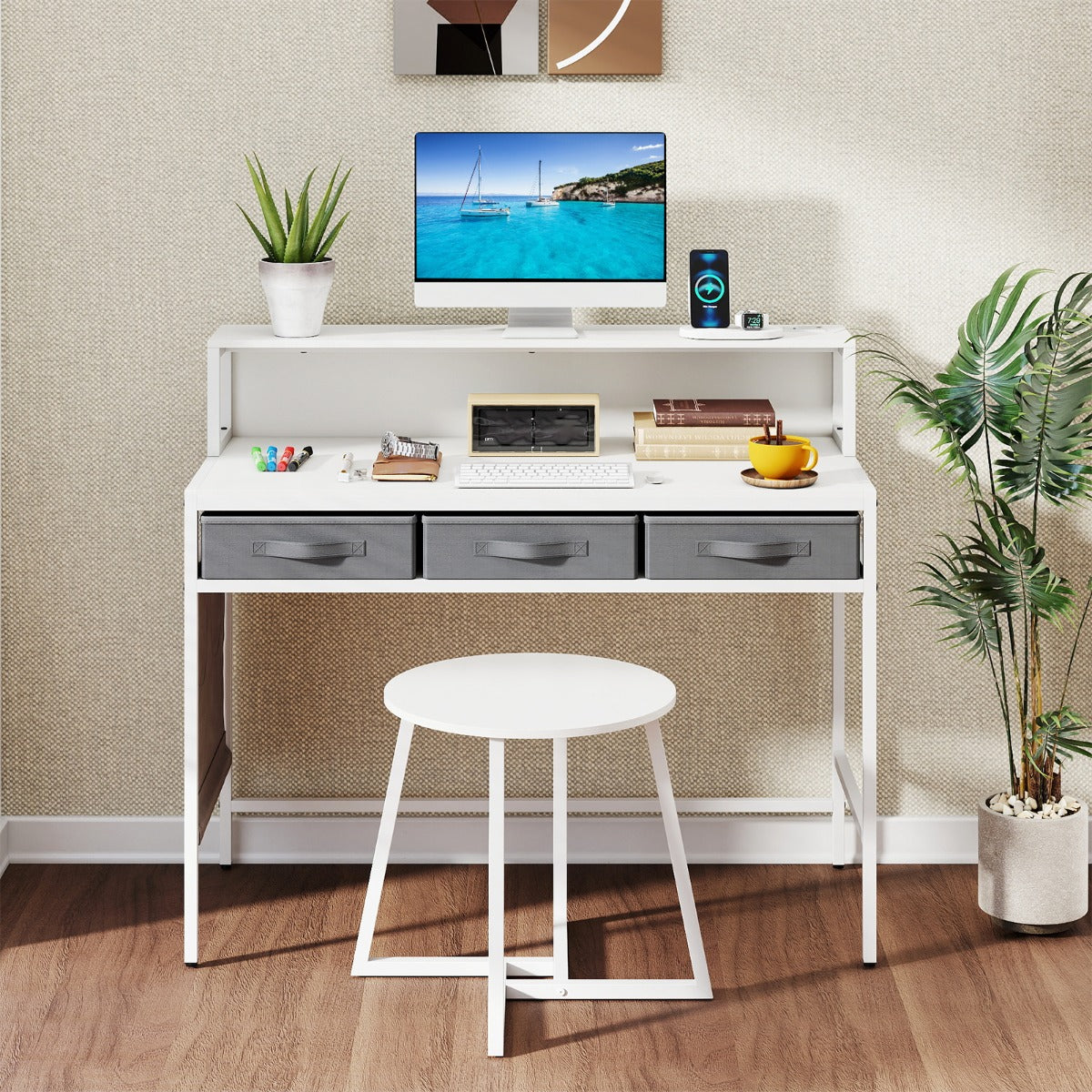 Datorbord – med Utgångar Sminkbord och Pall Set Monitorsupport – Vit