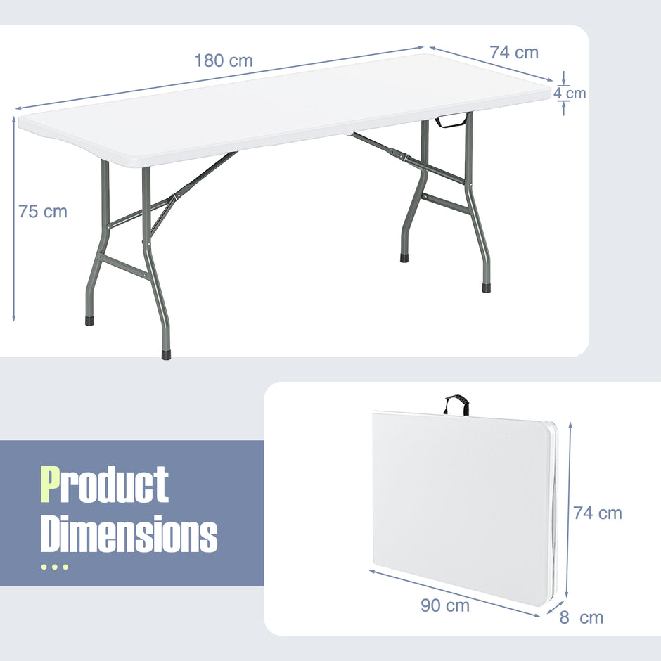 Trädgårdsbord – Campingbord hopfällbart Fällbord med HDPE bordsskiva och bärhandtag – 180 x 74 cm – Vit