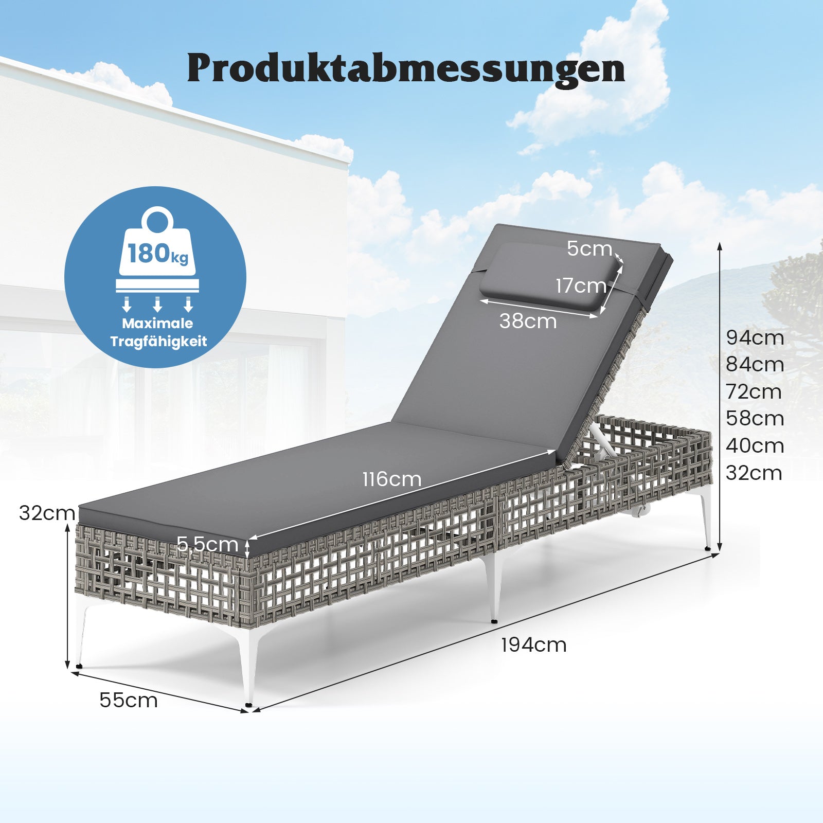 Rattan – solstol trädgårdsstol med dyna och nackstöd justerbart ryggstöd balkongstol – Grå