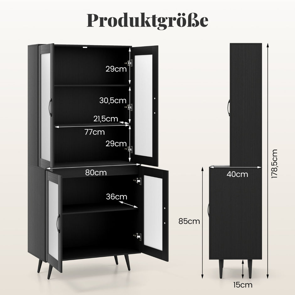 Kökskåp – höjd köksregal med transparenta dörrar och justerbar hylla – 178,5 cm 4 – Svart