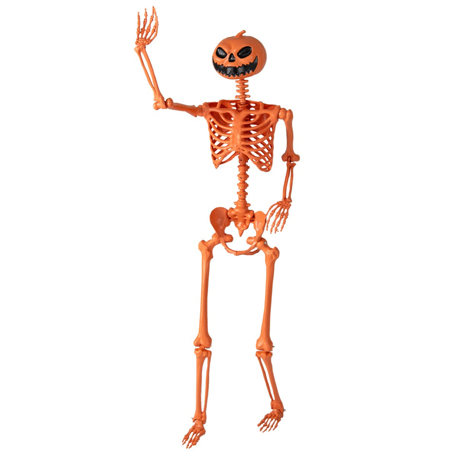 Halloween – skelett Livsstort som kan ställas i olika positioner, med pumpahuvud och rörliga leder – 16 m – Orange