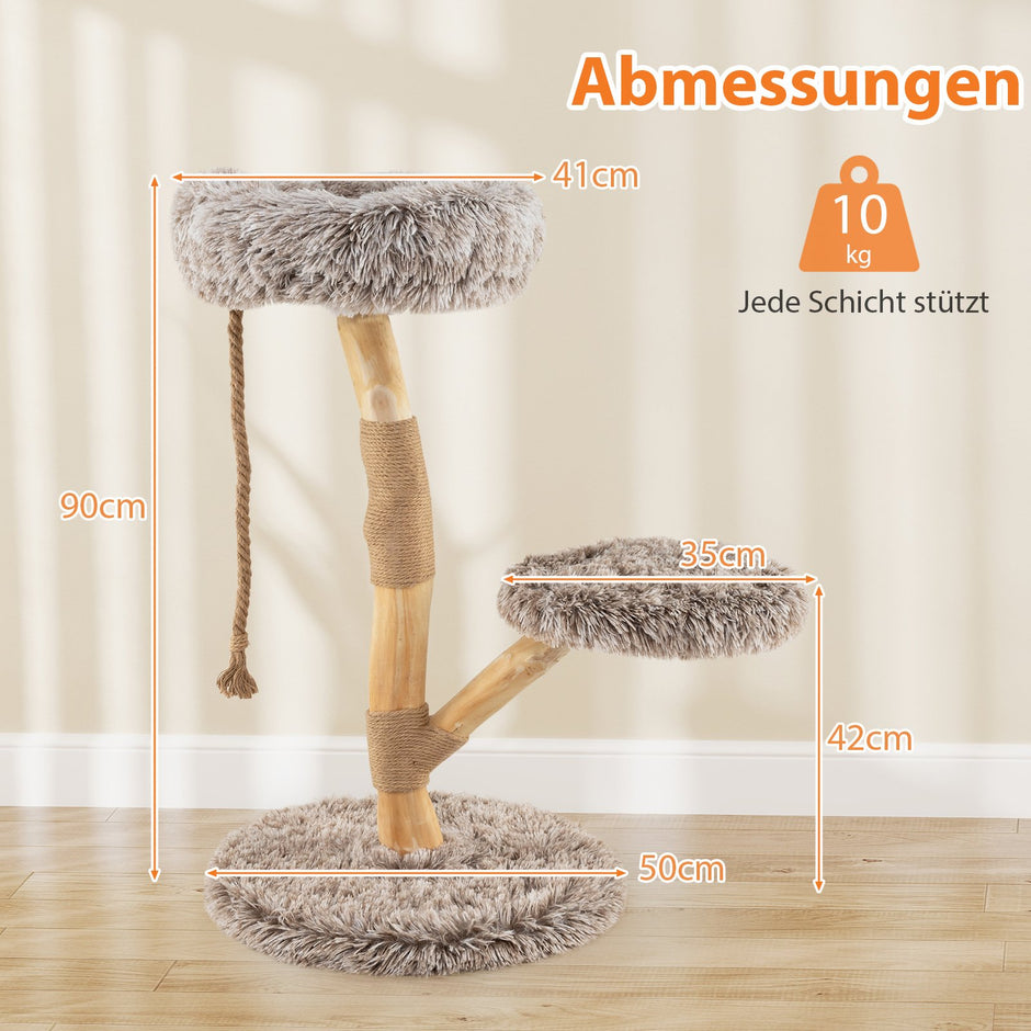 Klösträd – i trä med plyschsittplatser, rep och klösposter av jute, kattorn, kattmöbler i massivt + – 3 90 cm – Brun