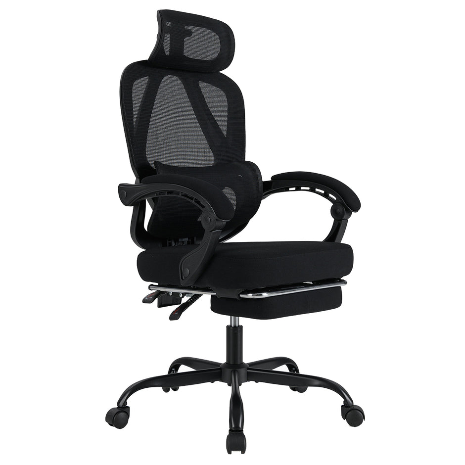 Ergonomisk – kontorsstol med inbyggd fotstöd, skrivbordsstol justerbart ryggstöd, snurrstol för hemmet – Svart
