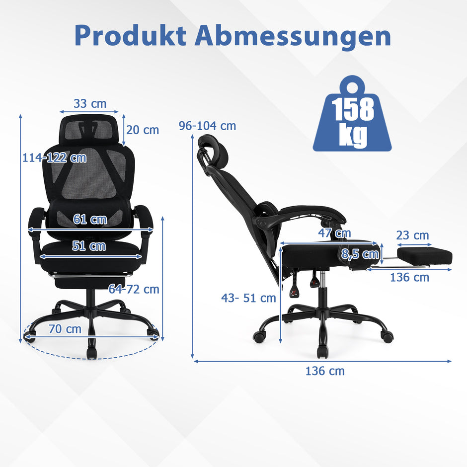 Ergonomisk – kontorsstol med inbyggd fotstöd, skrivbordsstol justerbart ryggstöd, snurrstol för hemmet – Svart