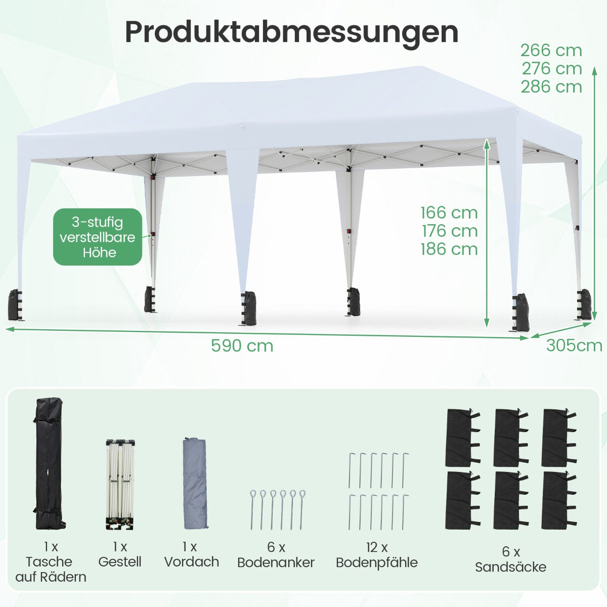 Pop – up Faltpaviljong med transportväska på hjul och UV skydd 50+ partytält – 3 x 6 m – Vit