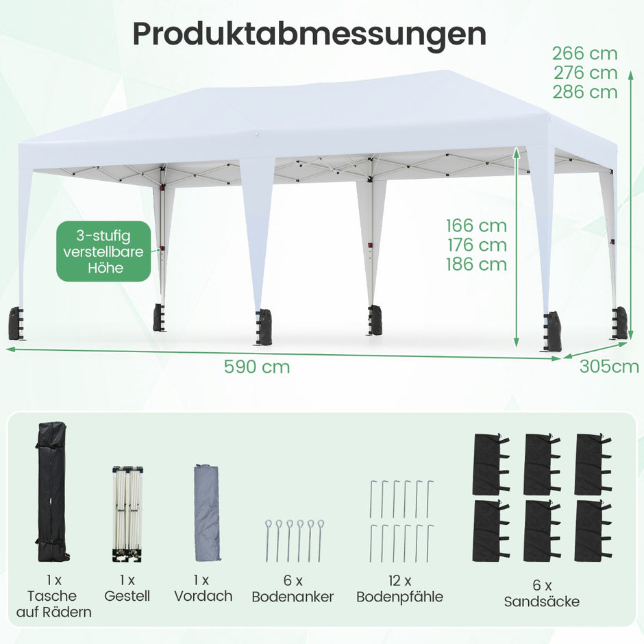 Pop – up Faltpaviljong med transportväska på hjul och UV skydd 50+ partytält – 3 x 6 m – Vit