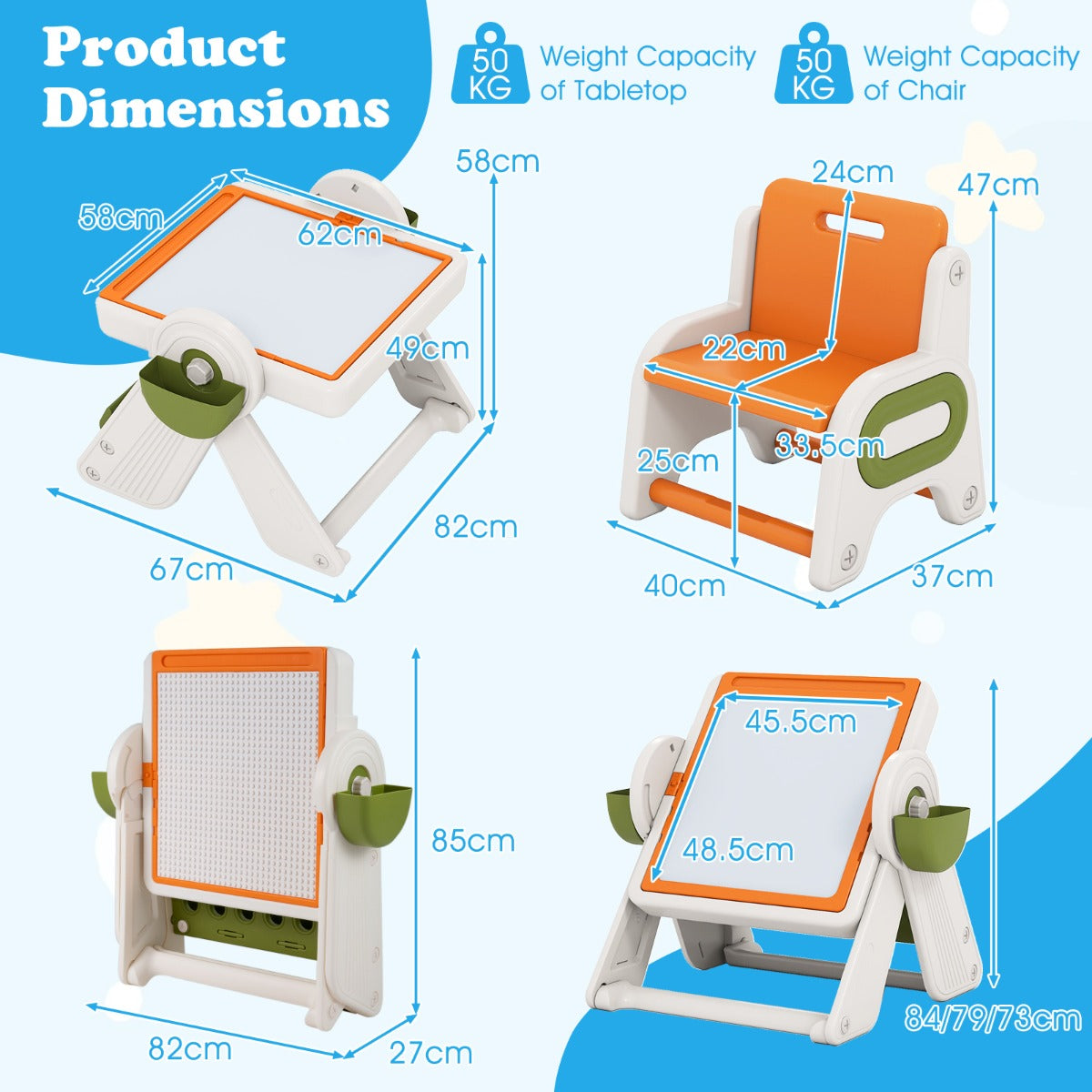 i – Byggklossbord och Staffli Set med Vändbar Bordskiva Konststaffeli Spelbord – 6 1 – Orange