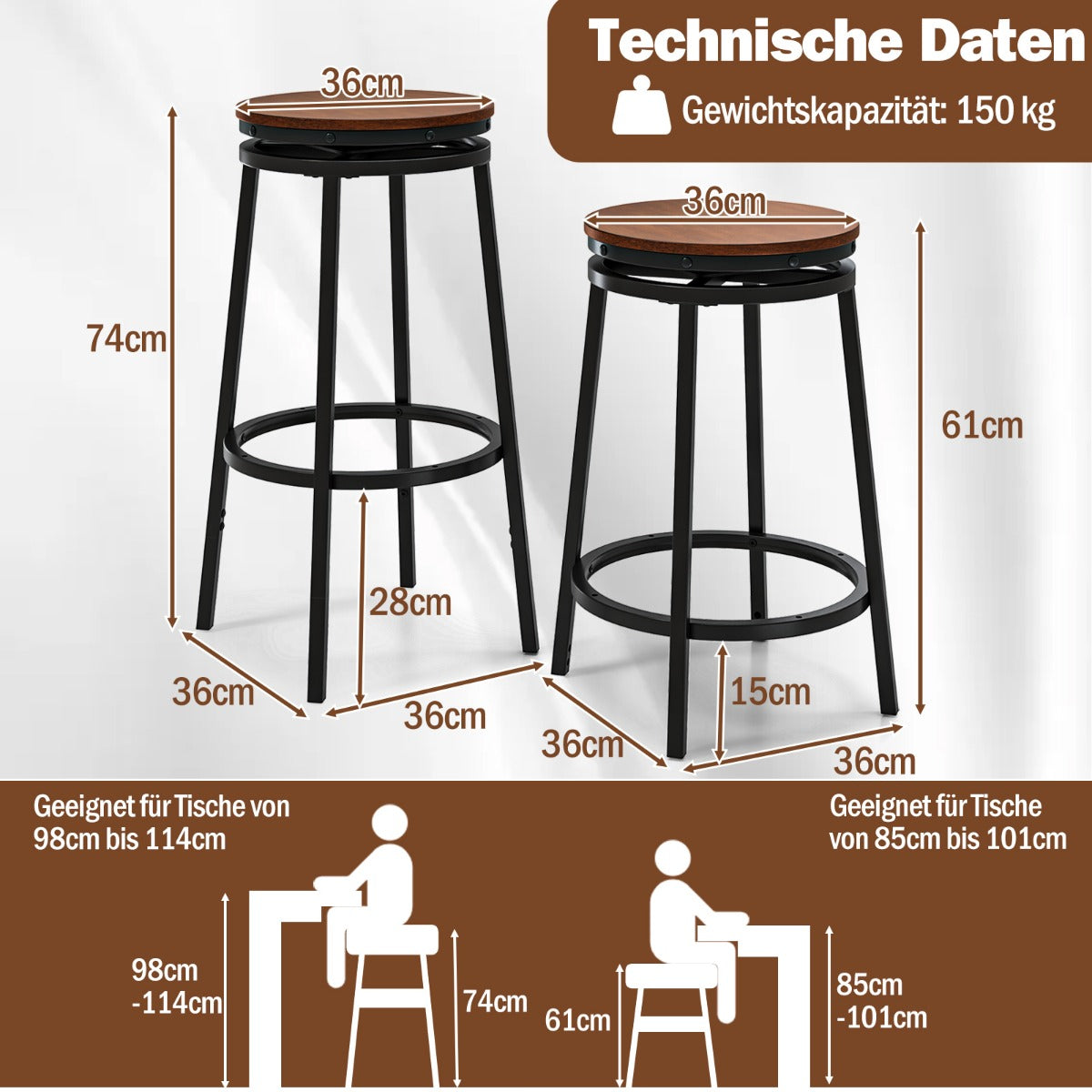 pack – barstolar med justerbara höjder 360° roterbara köksstolar diskbänksstolar – 2 2 – Brun