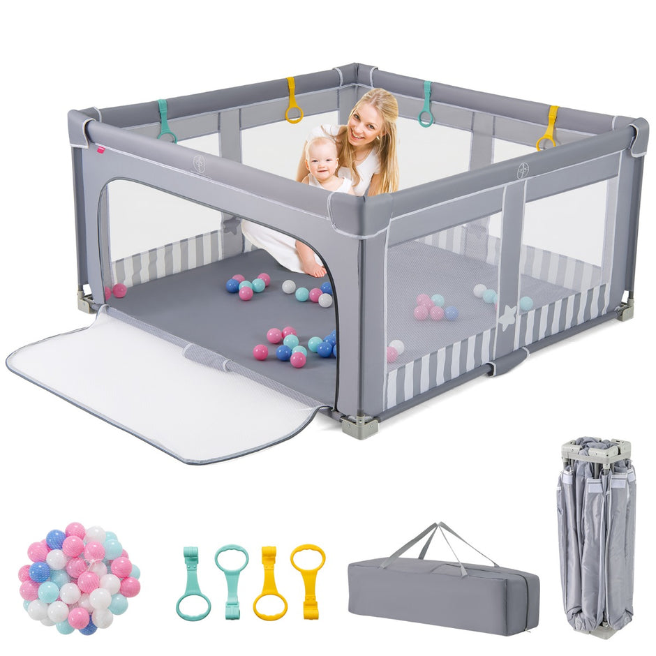 Fällbar – Spärr för Baby med Bollar, Handtag och Dragkedjeöppning – 50 4 150 x 150 cm – Ljusgrå
