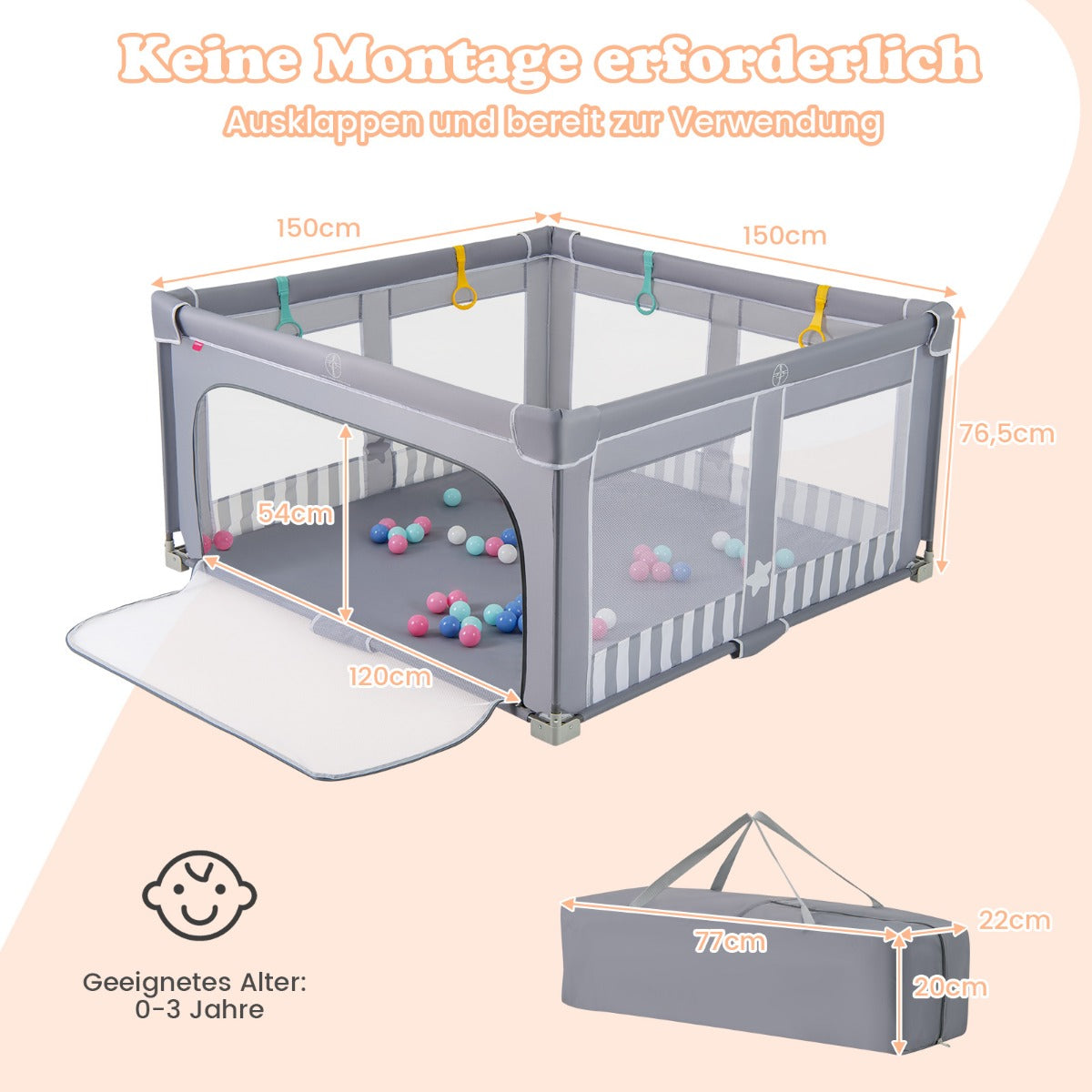 Fällbar – Spärr för Baby med Bollar, Handtag och Dragkedjeöppning – 50 4 150 x 150 cm – Ljusgrå