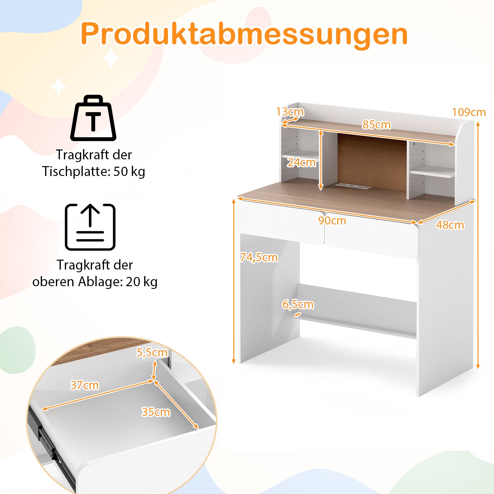 Barnskrivbord – stabilt träskrivbord med korktavla laddstation rymligt vitt – Vit