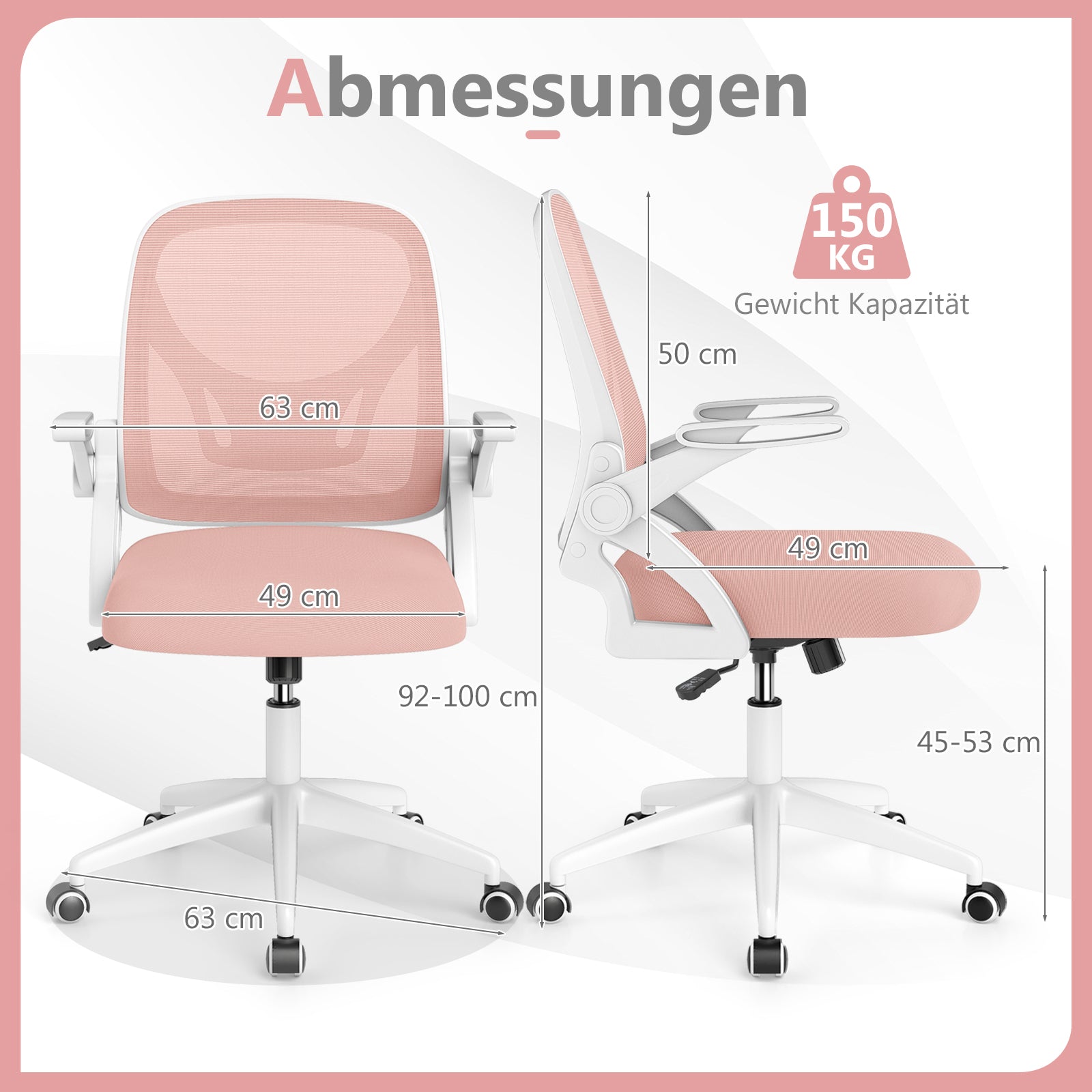 Ergonomisk – kontorsstol med fällbara armstöd och gungfunktion, skrivbordsstol – Rosa