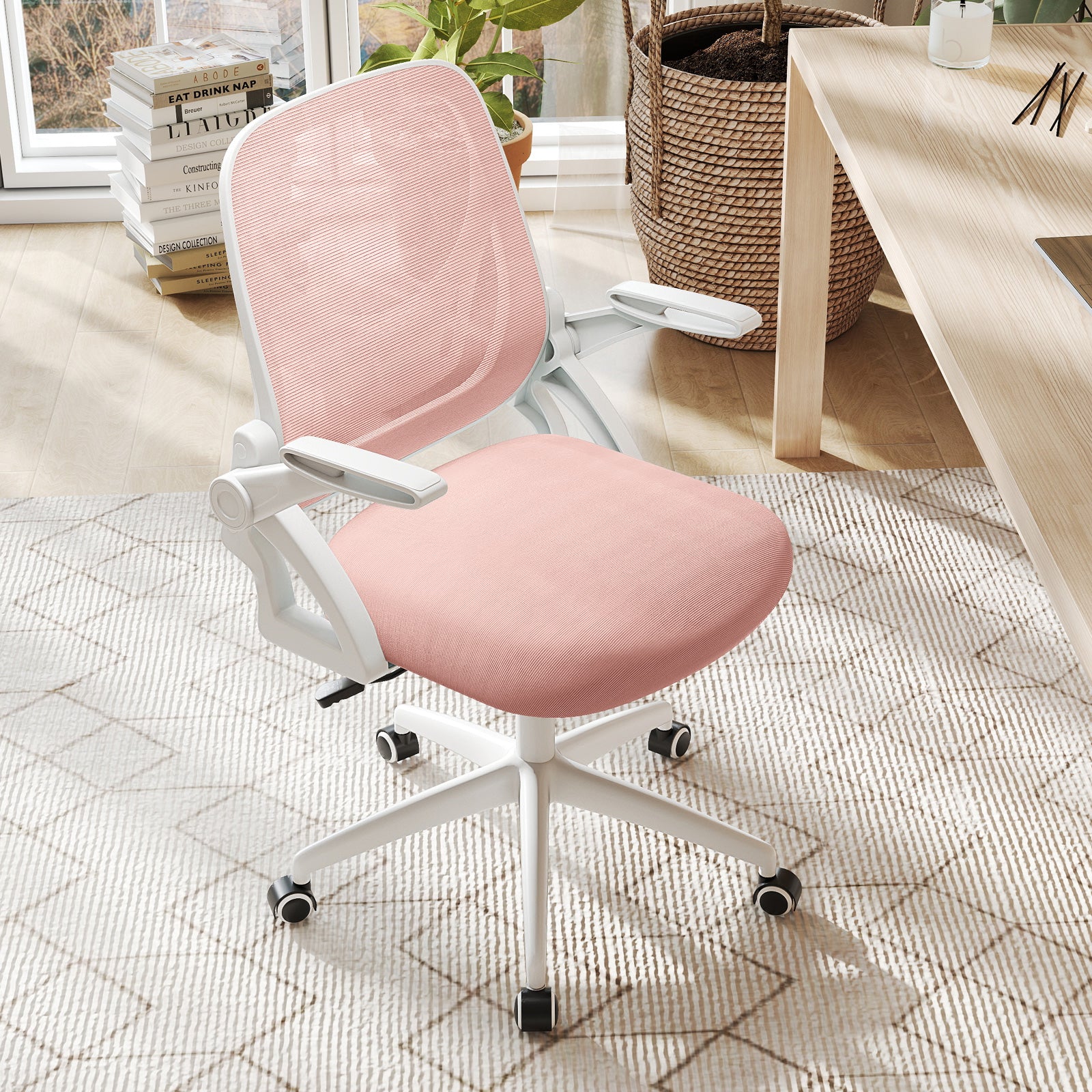 Ergonomisk – kontorsstol med fällbara armstöd och gungfunktion, skrivbordsstol – Rosa