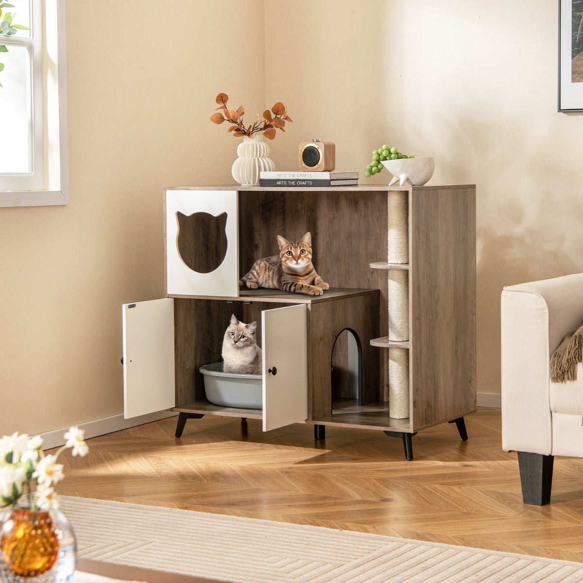 Kattlåda – med sisal klösstänger metallben +vit – 3 5 – Grå
