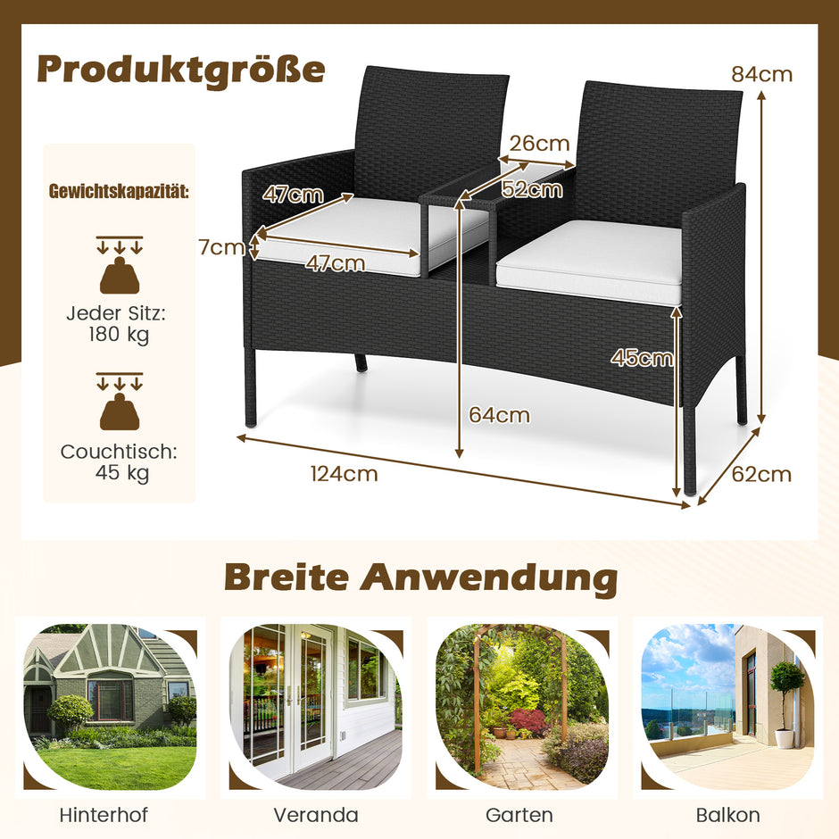 Trädgårdsbänk – med bord sits Polyrattan sittbänk sittgrupp trädgårdsmöbler terrassmöbler – 2 – Svart