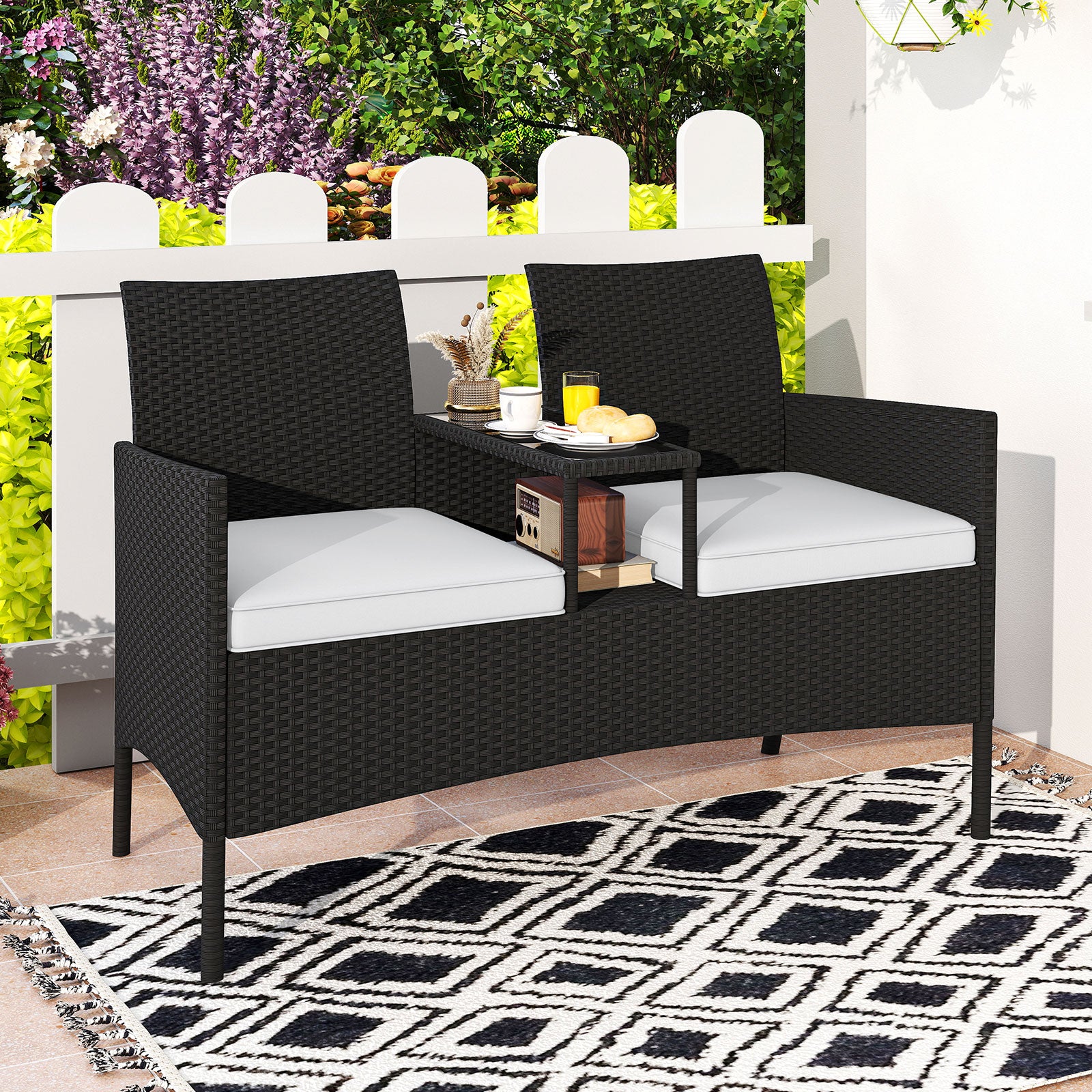 Trädgårdsbänk – med bord sits Polyrattan sittbänk sittgrupp trädgårdsmöbler terrassmöbler – 2 – Svart