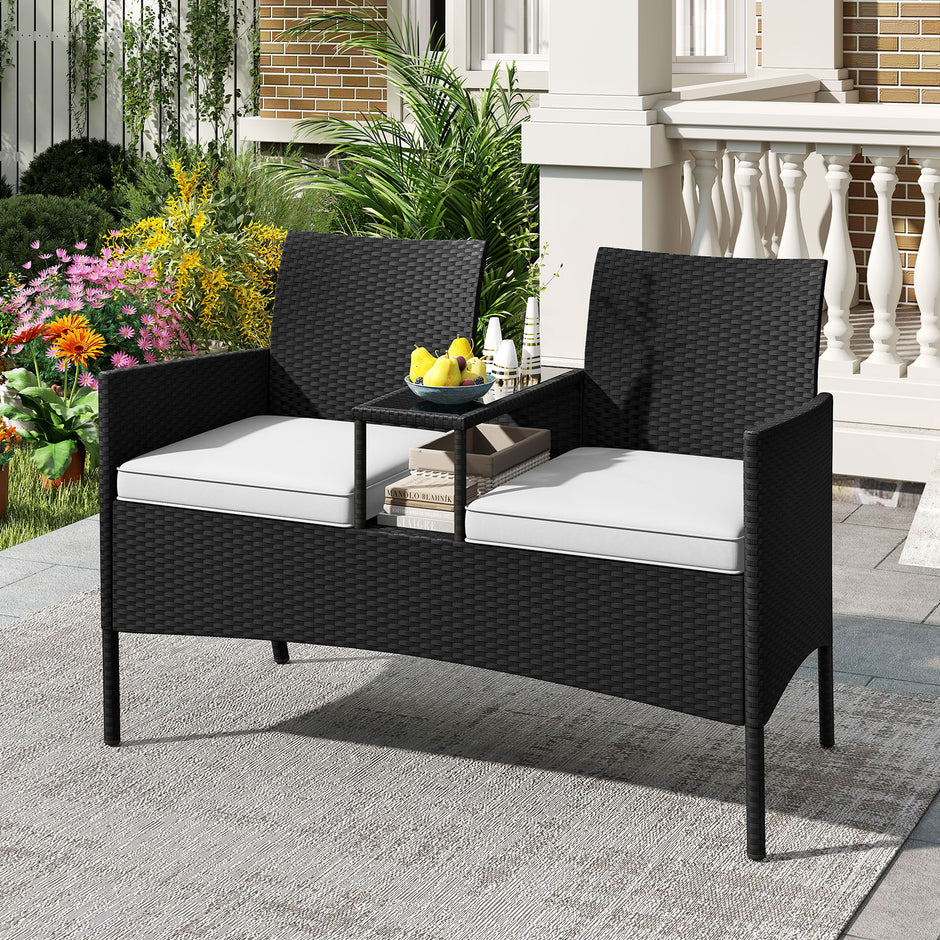 Trädgårdsbänk – med bord sits Polyrattan sittbänk sittgrupp trädgårdsmöbler terrassmöbler – 2 – Svart