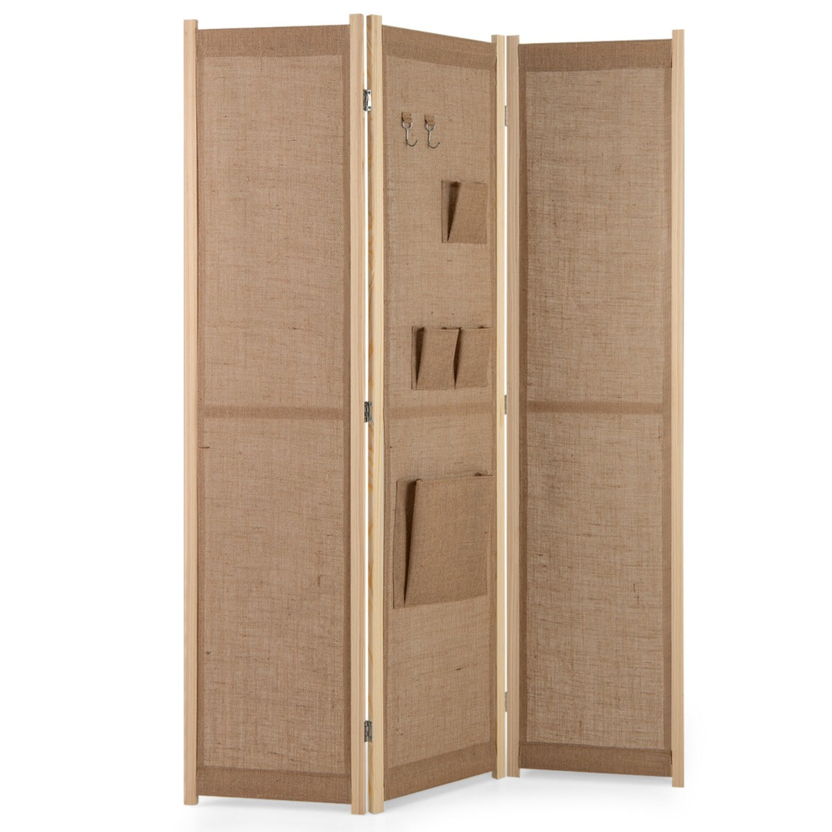 Paravent – med krokar och förvaringsfickor rumsavdelare skiljevägg – 2 4 170 x 121 cm – Natur