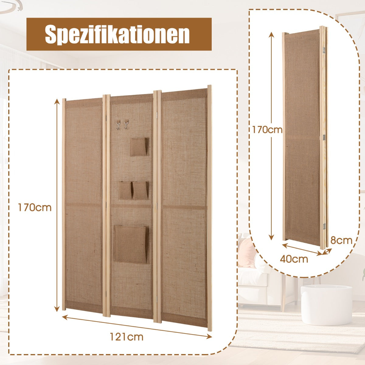 Paravent – med krokar och förvaringsfickor rumsavdelare skiljevägg – 2 4 170 x 121 cm – Natur