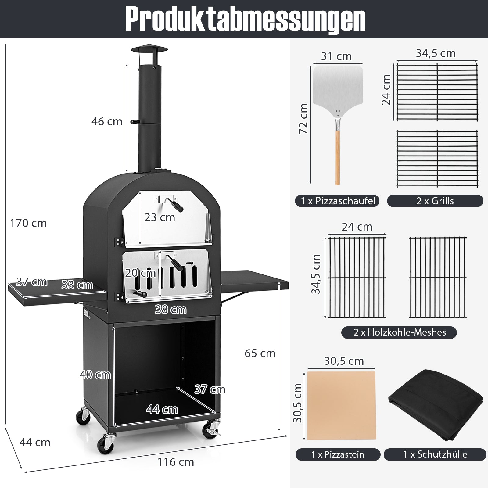 Vedeldad – pizzaugn för utomhusbruk med skyddande överdrag pizzasten pizzaspade och grillgaller – 305 cm – Svart