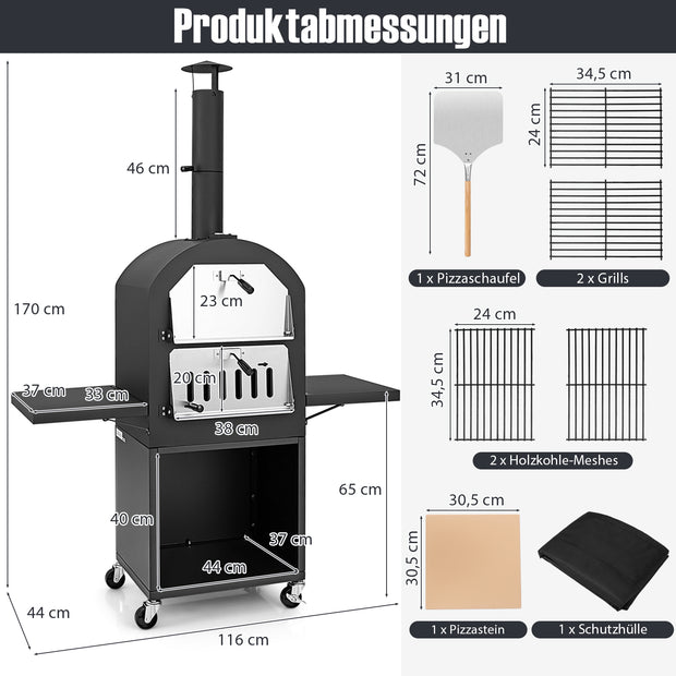 Vedeldad – pizzaugn för utomhusbruk med skyddande överdrag pizzasten pizzaspade och grillgaller – 305 cm – Svart