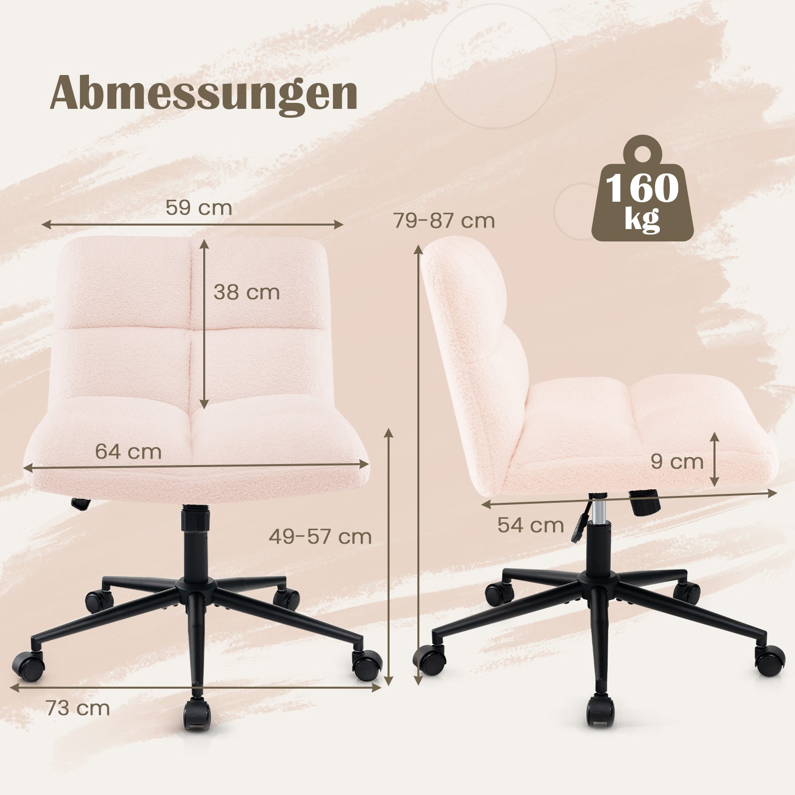 Schneidersitsstol – med hjul, snurrstol utan armstöd, skrivbordsstol bred – Rosa