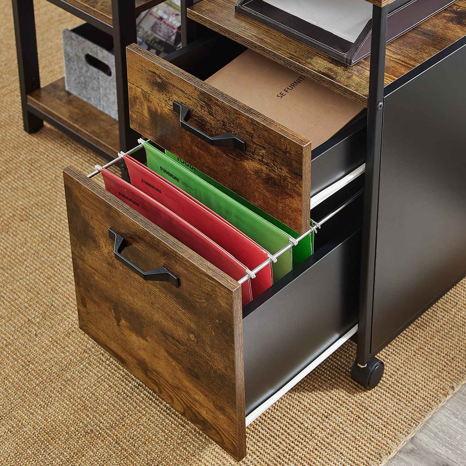 Ladeblok - Office Box med 2 lådor - på hjul - brun/svart