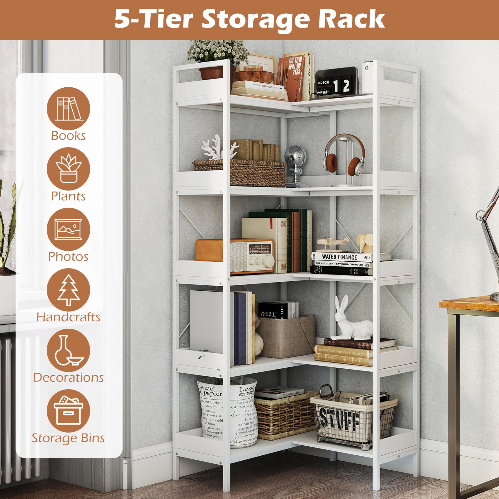 Bücherhylla – 5‑vånad L‑formad hörnhylla av trä med förhöjda sidokanter – 72 x 69 x 167 cm