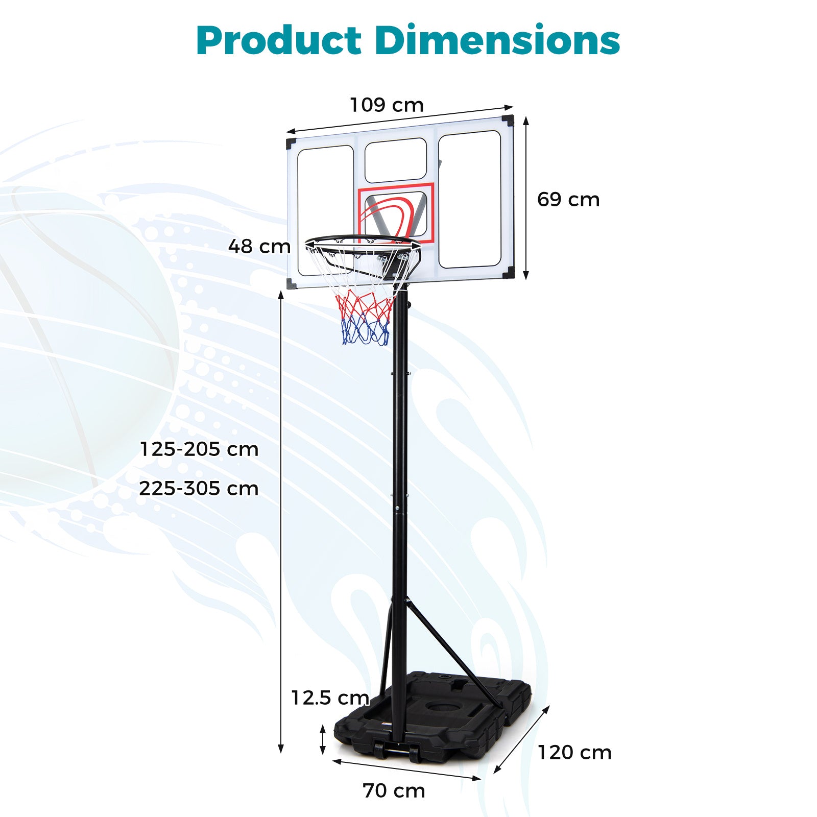 Bärbar – basketställ 125‑305 cm höjdjusterbar basketkorg med spricksäker backboard – 109 cm