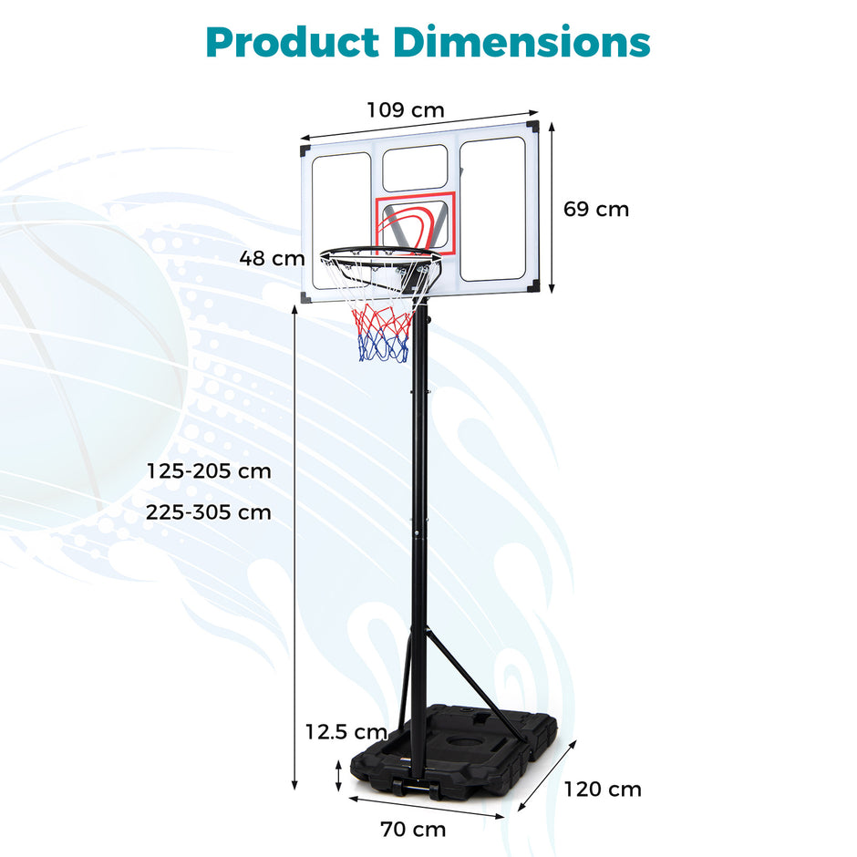 Bärbar – basketställ 125‑305 cm höjdjusterbar basketkorg med spricksäker backboard – 109 cm