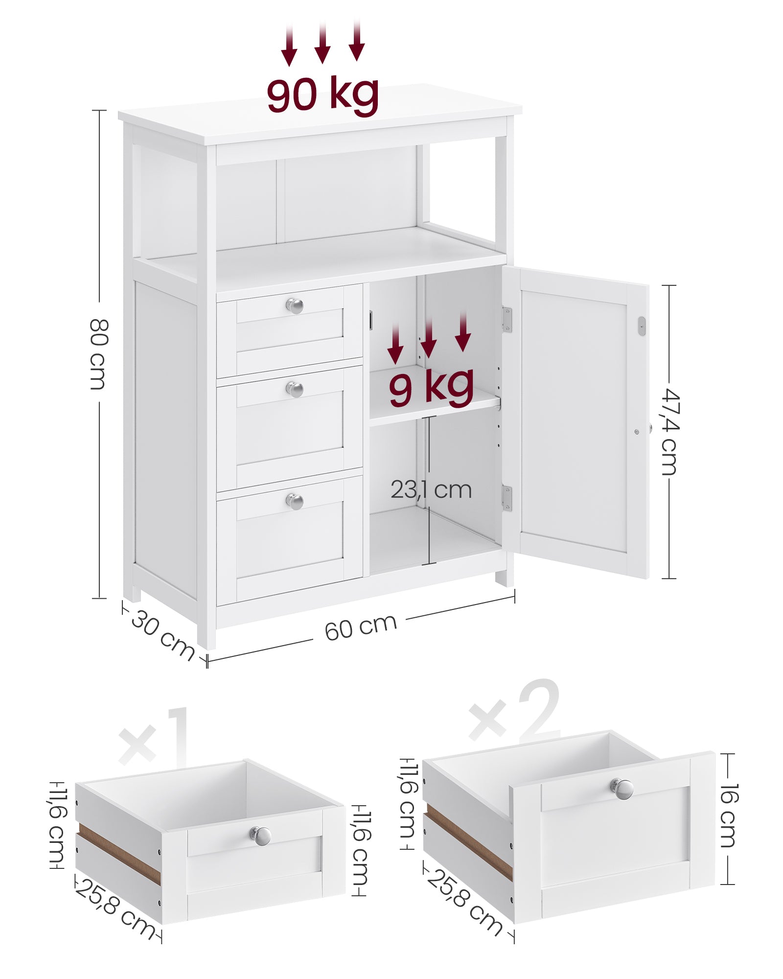 Badrumsmöbler - 30 x 60 x 80 cm - med 3 lådor