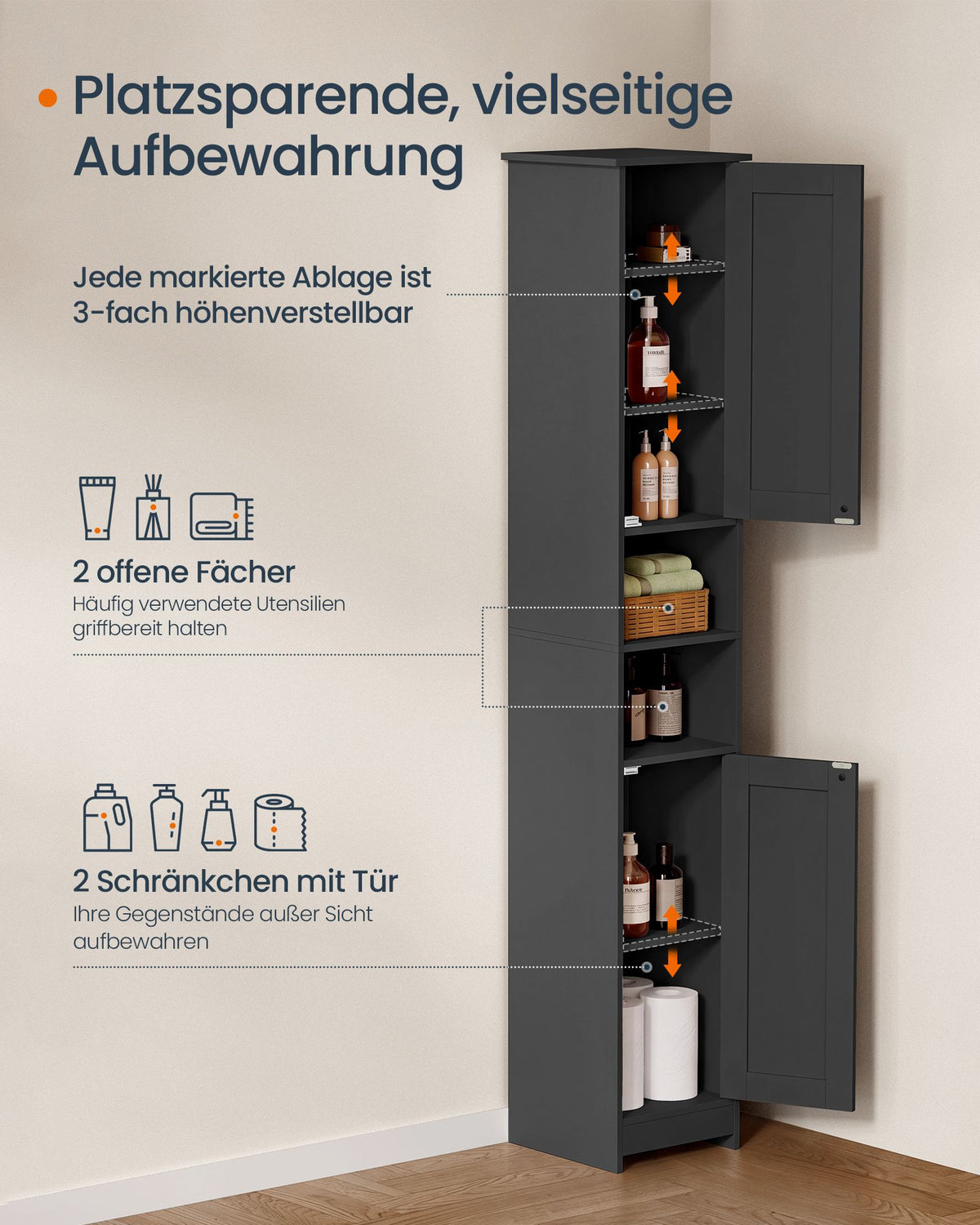 Badkamerkast – Smal en Hoog – 2 Deuren – Verstelbare Planken – 30 x 30 x 170 cm – Inktzwart