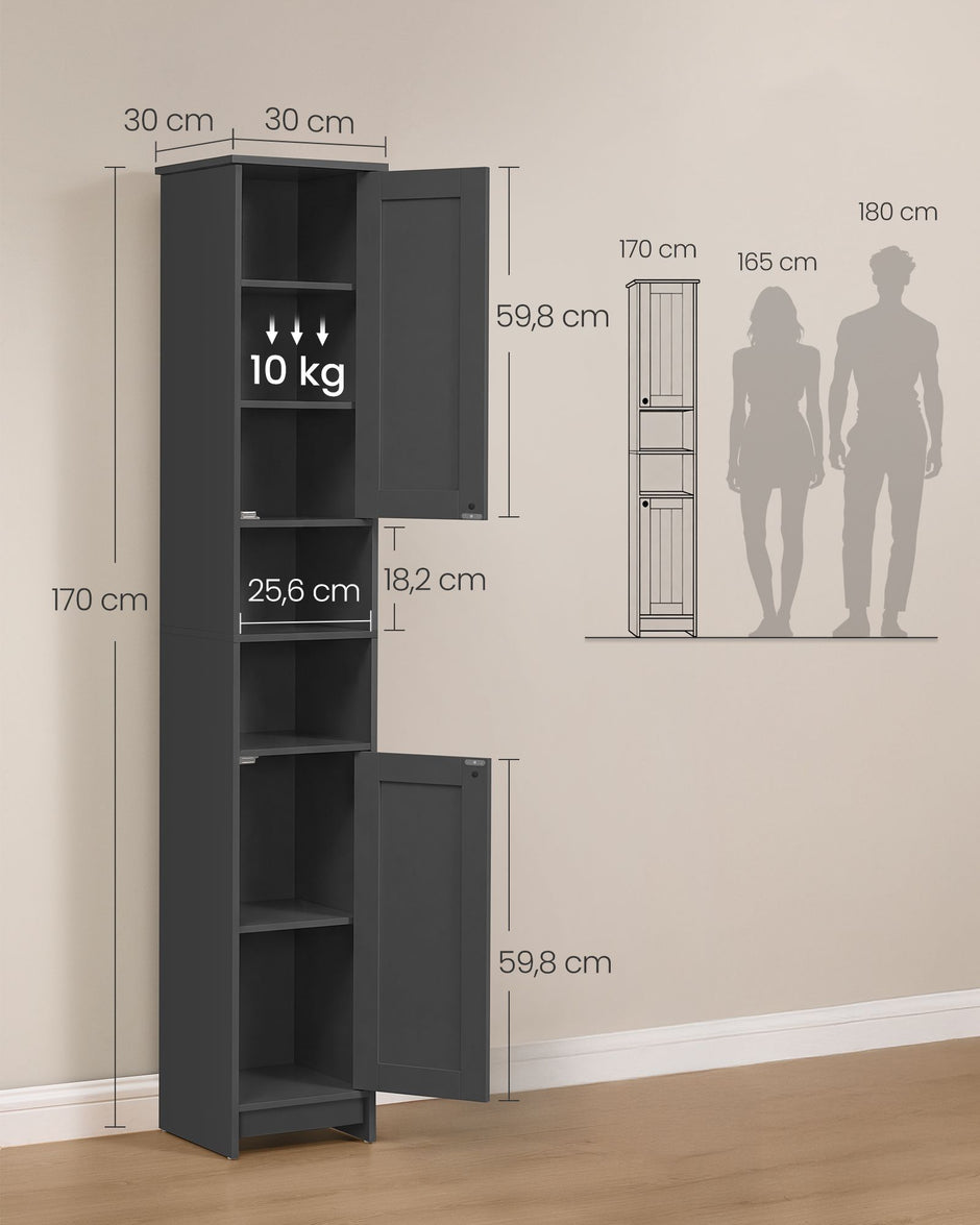 Badkamerkast – Smal en Hoog – 2 Deuren – Verstelbare Planken – 30 x 30 x 170 cm – Inktzwart