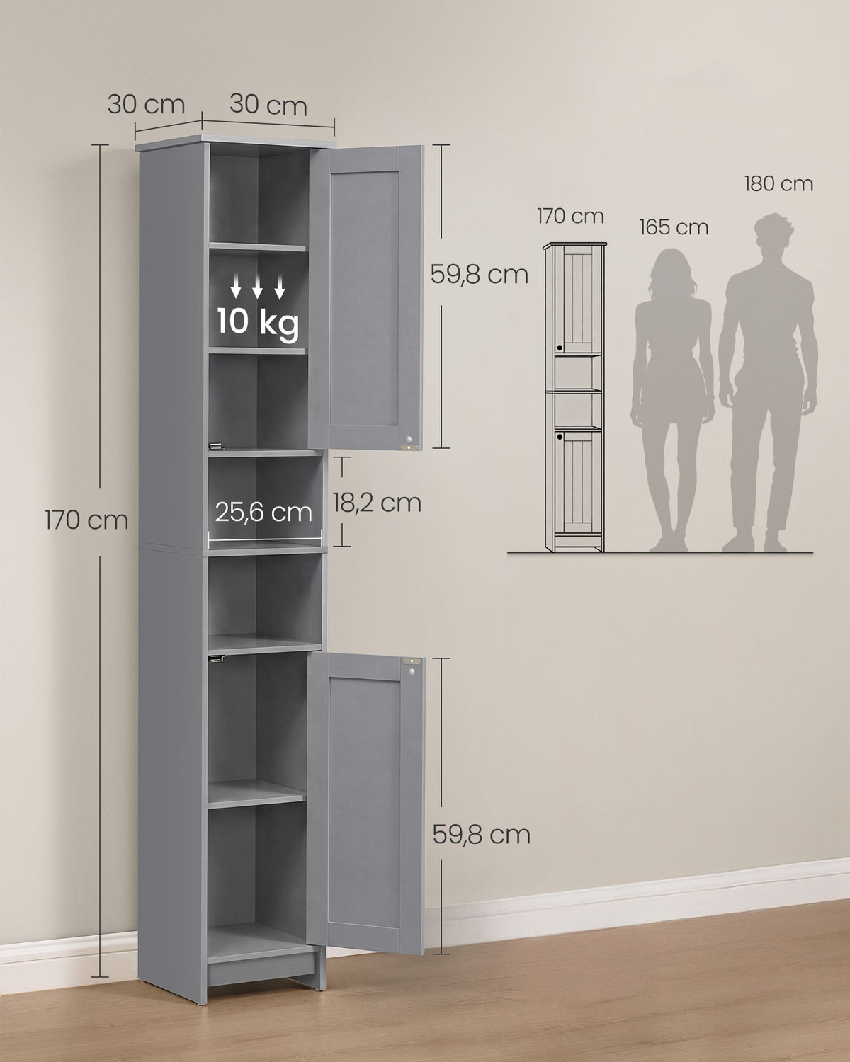 Badkamerkast – Smal en Hoog – 2 Deuren – Verstelbare Planken – 30 x 30 x 170 cm – Duifgrijs