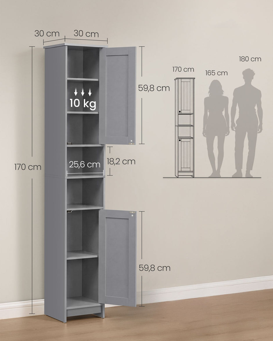 Badkamerkast – Smal en Hoog – 2 Deuren – Verstelbare Planken – 30 x 30 x 170 cm – Duifgrijs