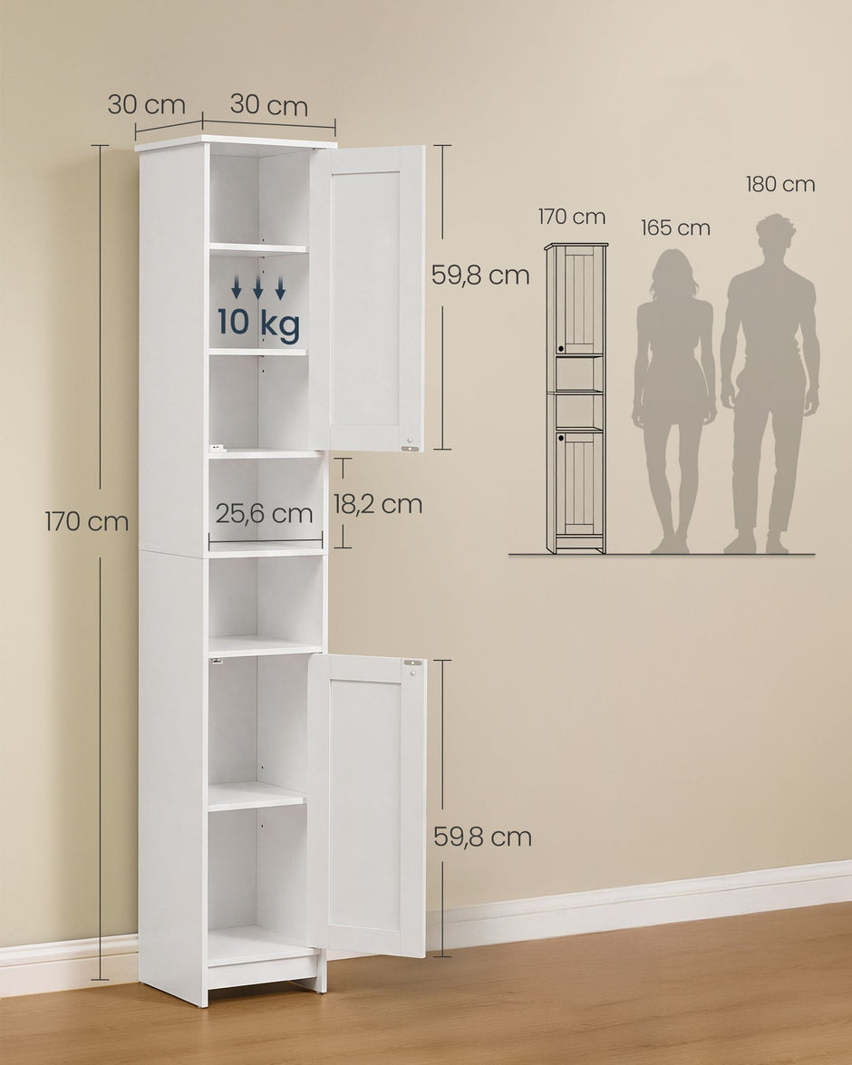 Badkamerkast – Smal en Hoog – 2 Deuren – Verstelbare Planken – 30 x 30 x 170 cm – Wolkenwit
