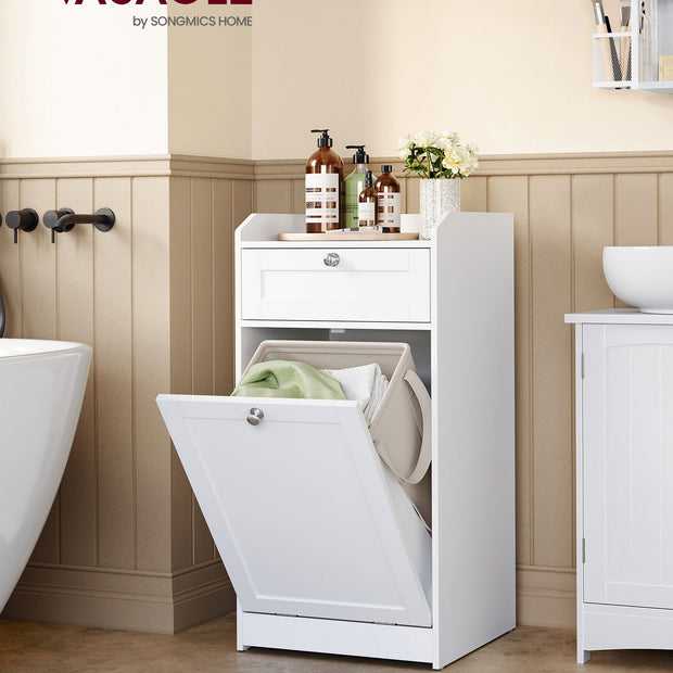 Badrumsskåp – med tvättkorg – molnvit