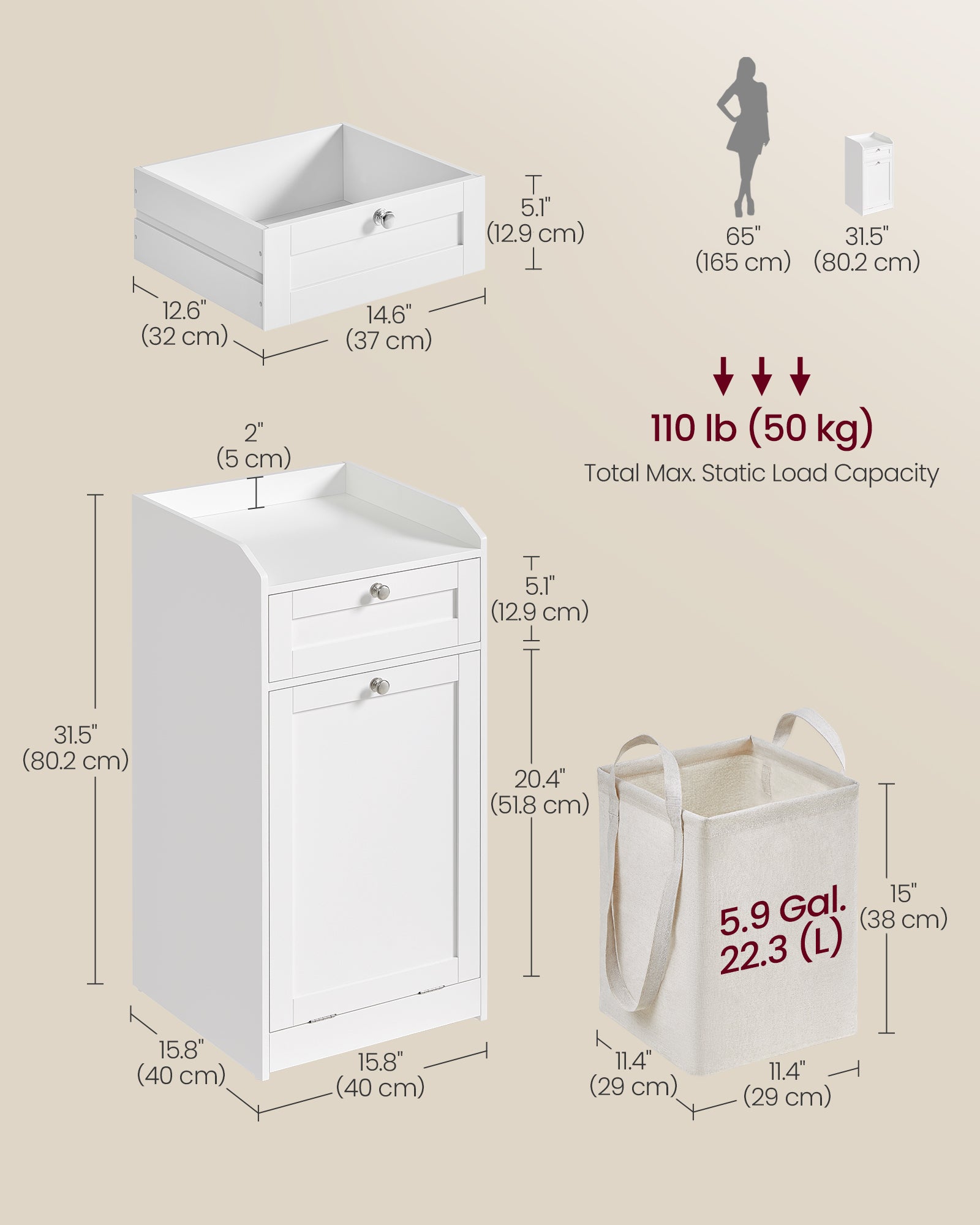 Badrumsskåp – med tvättkorg – molnvit