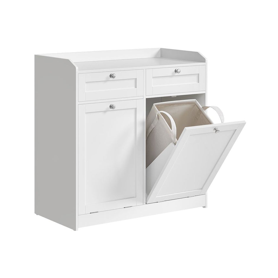 Badrumsskåp – med tvättkorg – molnvit