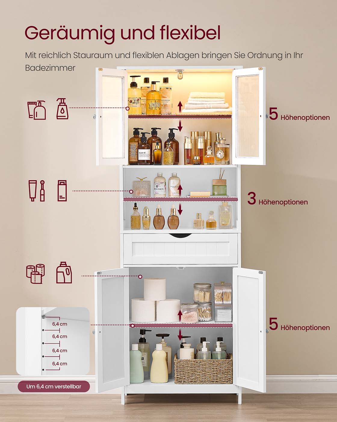 Badrumsskåp – Med hyllor, lådor och öppna fack – Vit – Badrum