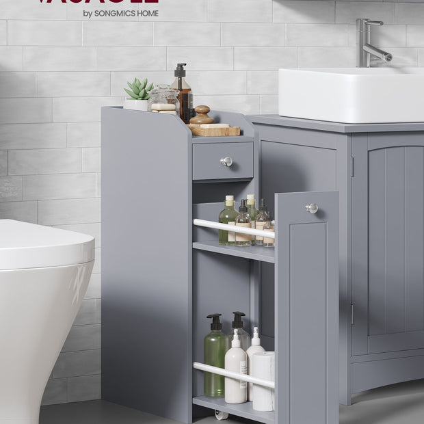 Badrumsskåp – smalt med lådor – duvgrått