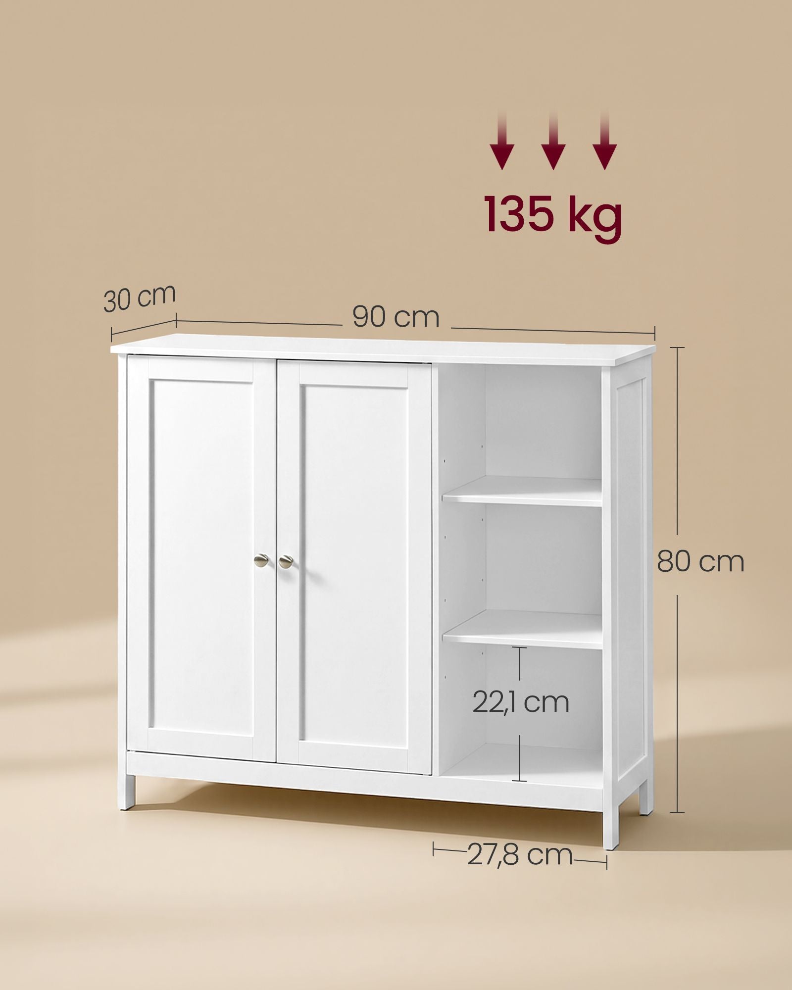 Badkamerkast - Met 2 Deuren en Open Vakken - Matwit - 90 x 30 x 80 cm